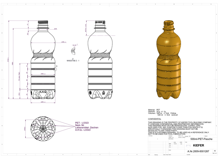 A sketch from the development of a 500 ml PET bottle